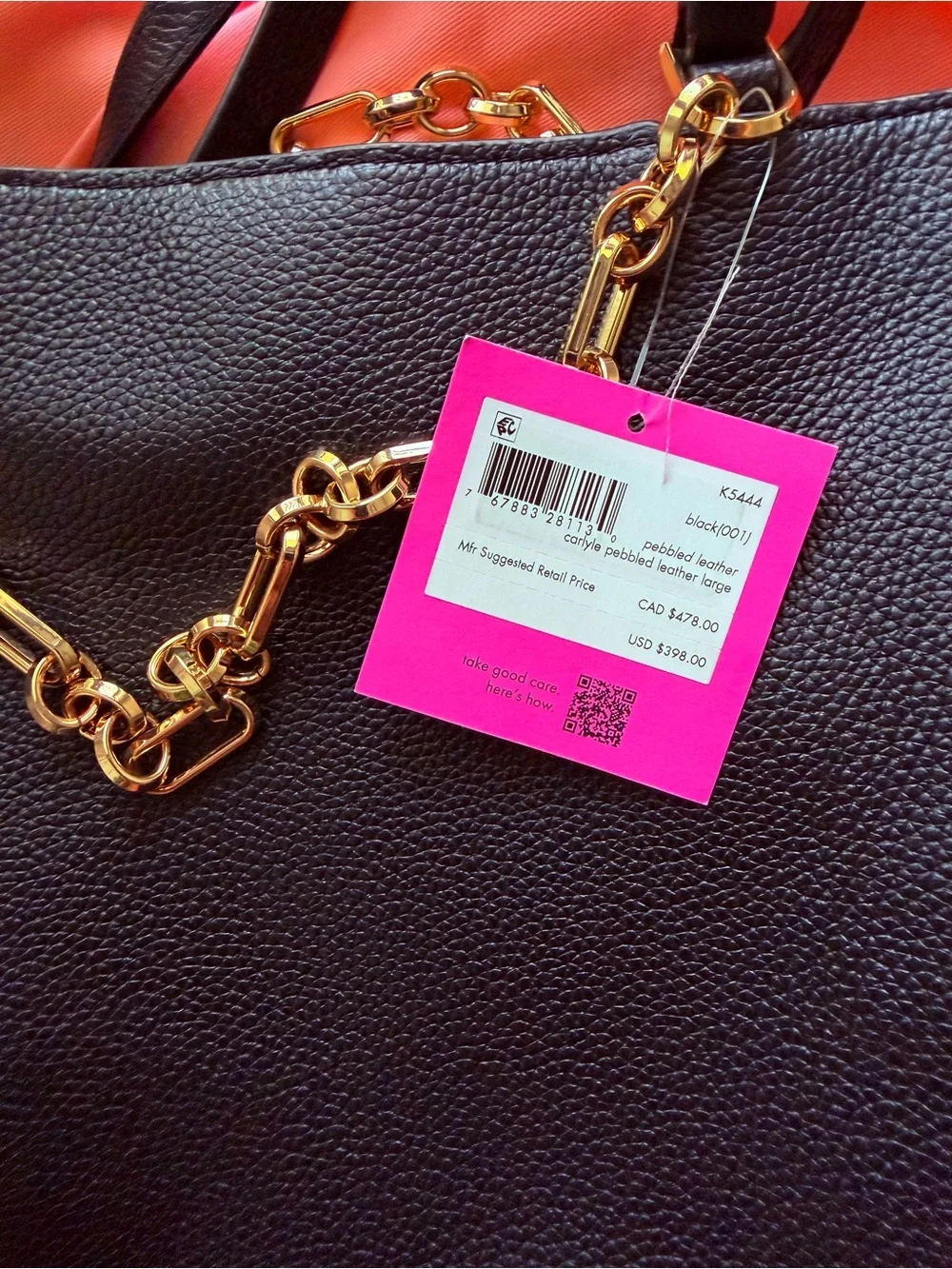 NWT Kate Spade Carlyle Pebbled Leather Tote | Black | Gold Chain | MSRP $398